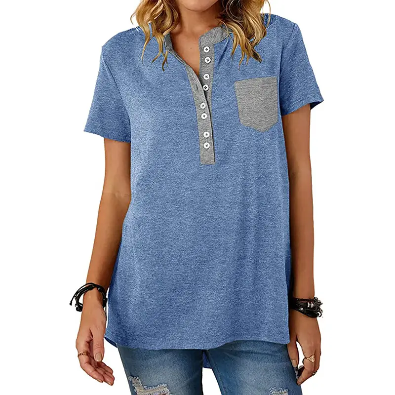 Women Flap Pocket T-Shirt Pink Spinning Loose Sleeve - Image 5