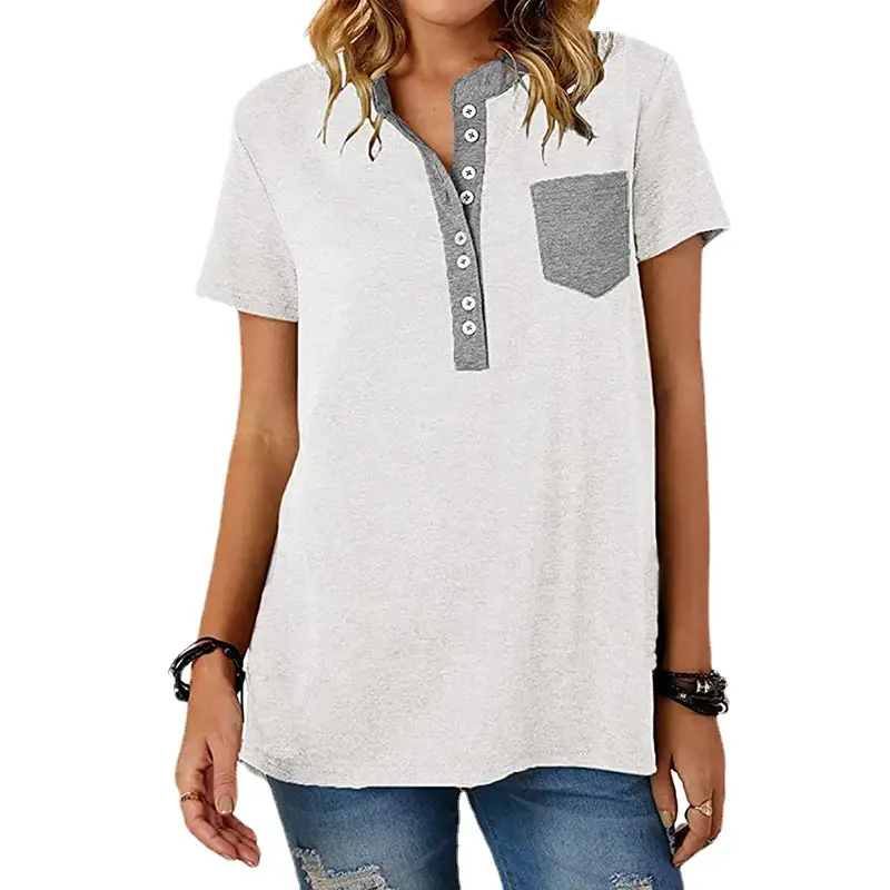 Women Flap Pocket T-Shirt Pink Spinning Loose Sleeve - Image 8