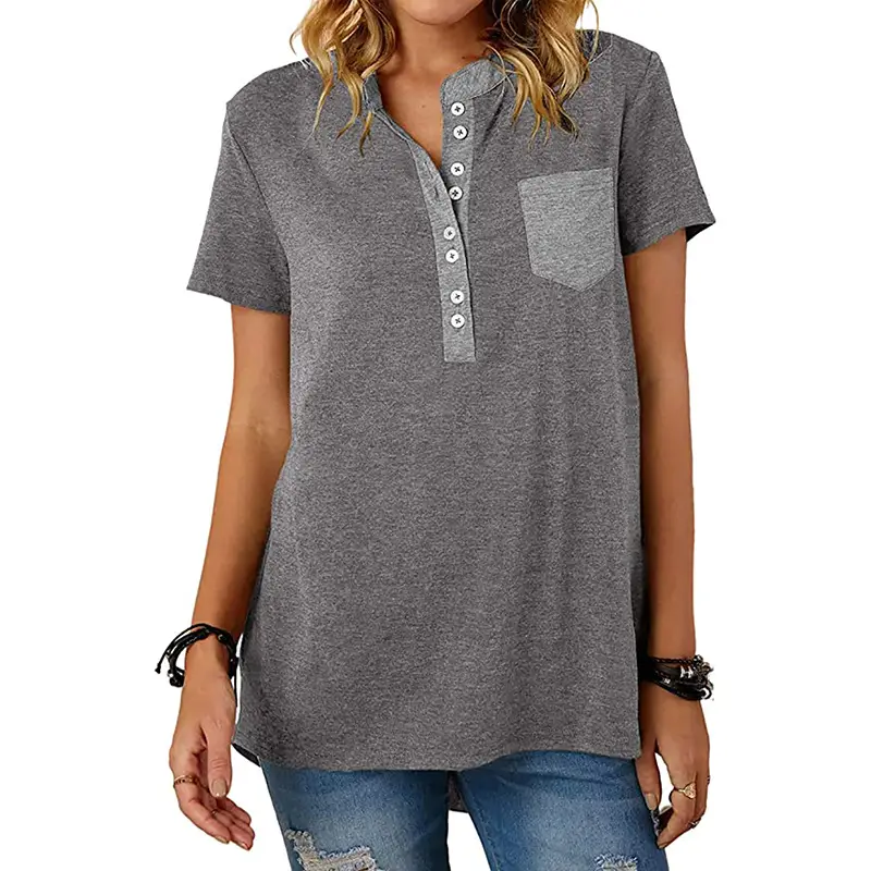 Women Flap Pocket T-Shirt Pink Spinning Loose Sleeve - Image 4