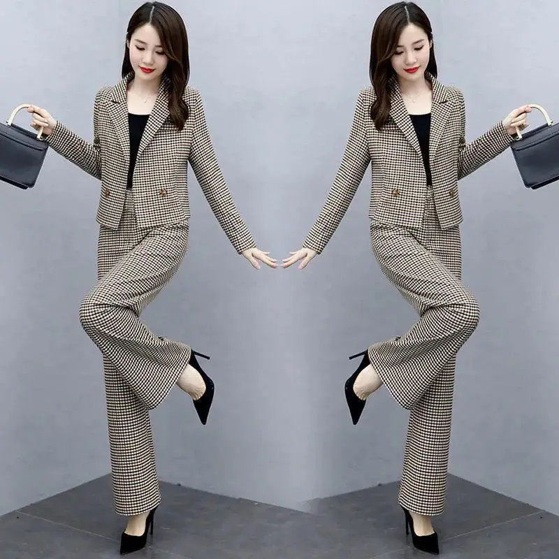 Korean Style Plaid Wide Leg Pants Two-Piece Suit for Women