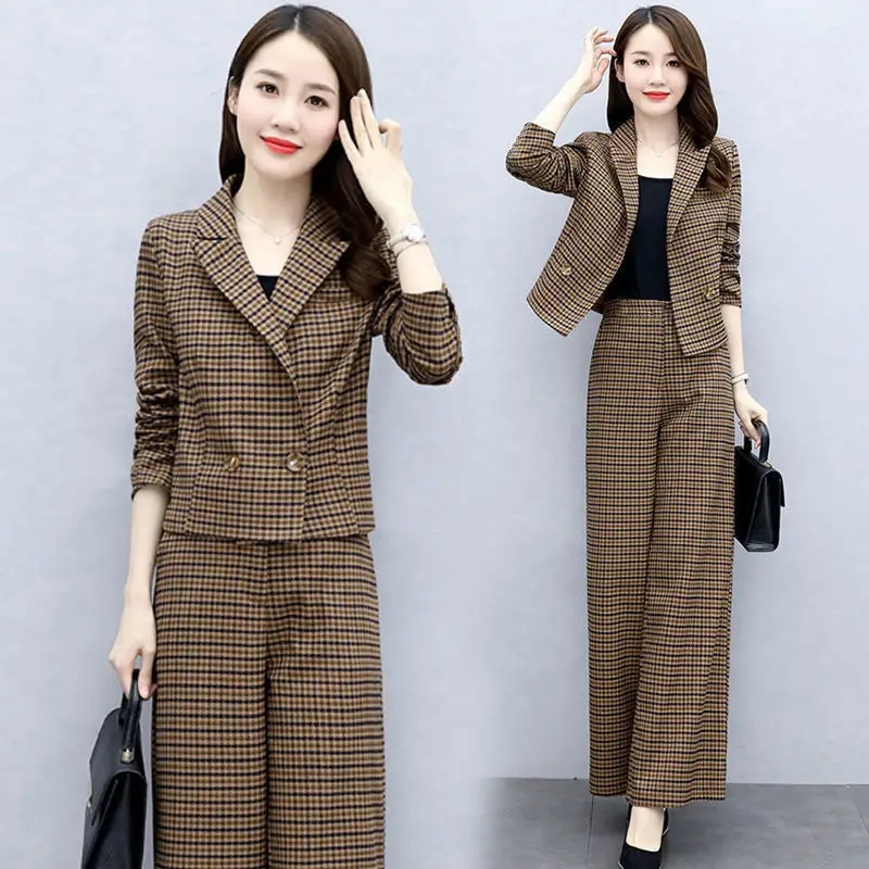 Korean Style Plaid Wide Leg Pants Two-Piece Suit for Women