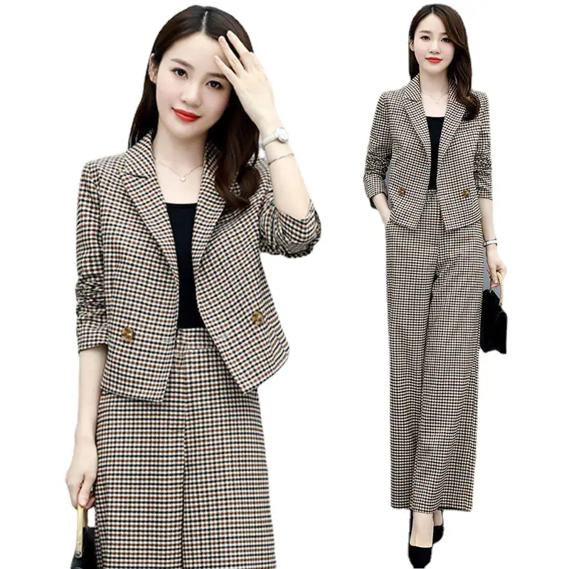 Korean Style Plaid Wide Leg Pants Two-Piece Suit for Women