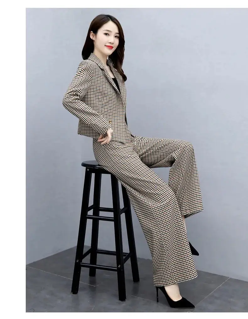 Korean Style Plaid Wide Leg Pants Two-Piece Suit for Women — feature 17