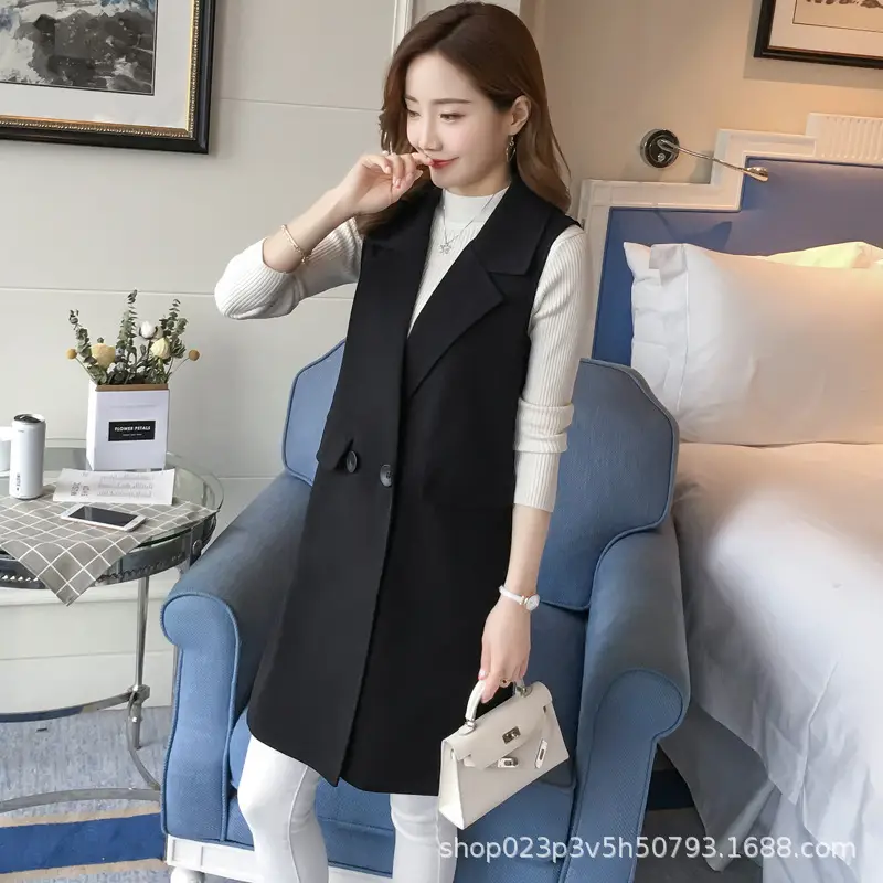 Women's Black Sleeveless Vest Mid-Length Waistcoat 2024 - Image 3