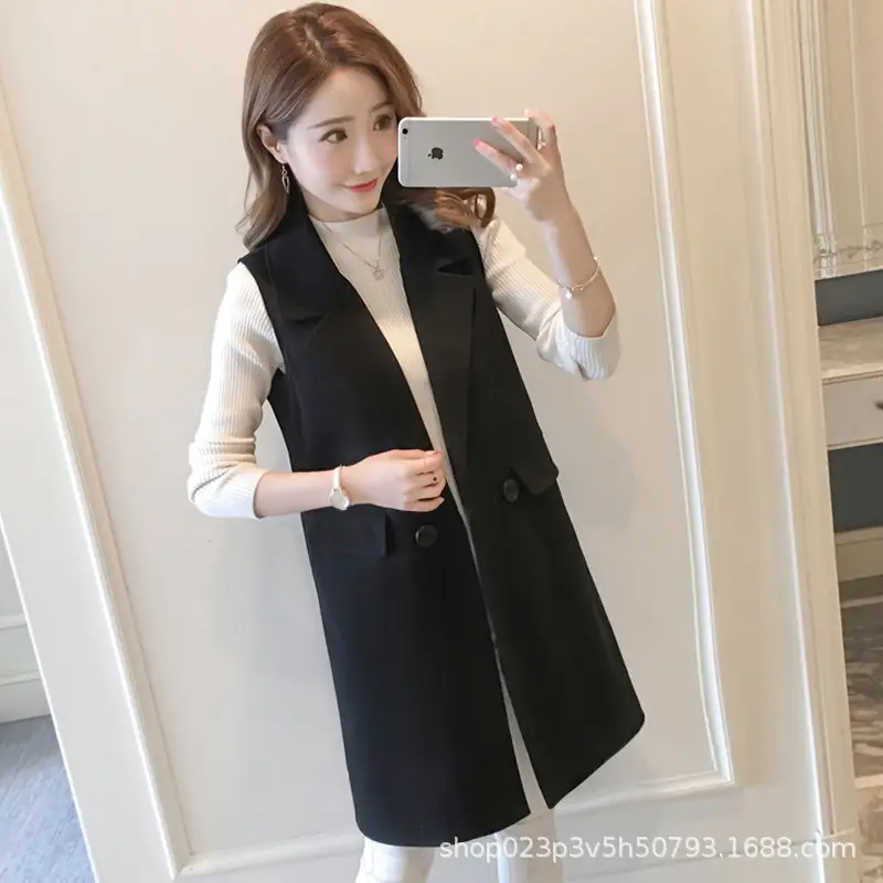 Women's Black Sleeveless Vest Mid-Length Waistcoat 2024 - Image 4
