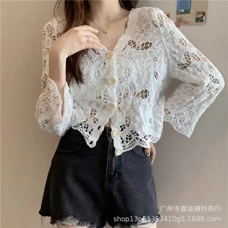 New French Lace Sweater Coat Women V-Neck White - Image 8