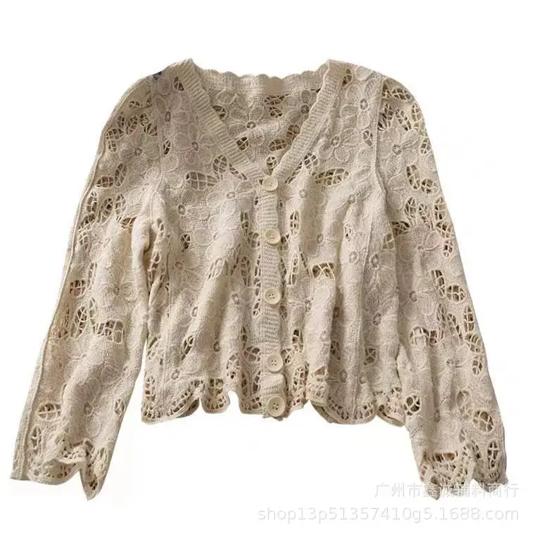New French Lace Sweater Coat Women V-Neck White - Image 9