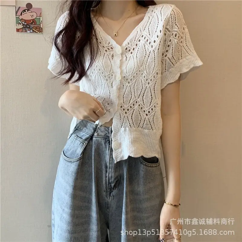 New French Lace Sweater Coat Women V-Neck White - Image 3