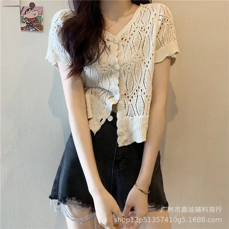 New French Lace Sweater Coat Women V-Neck White - Image 4