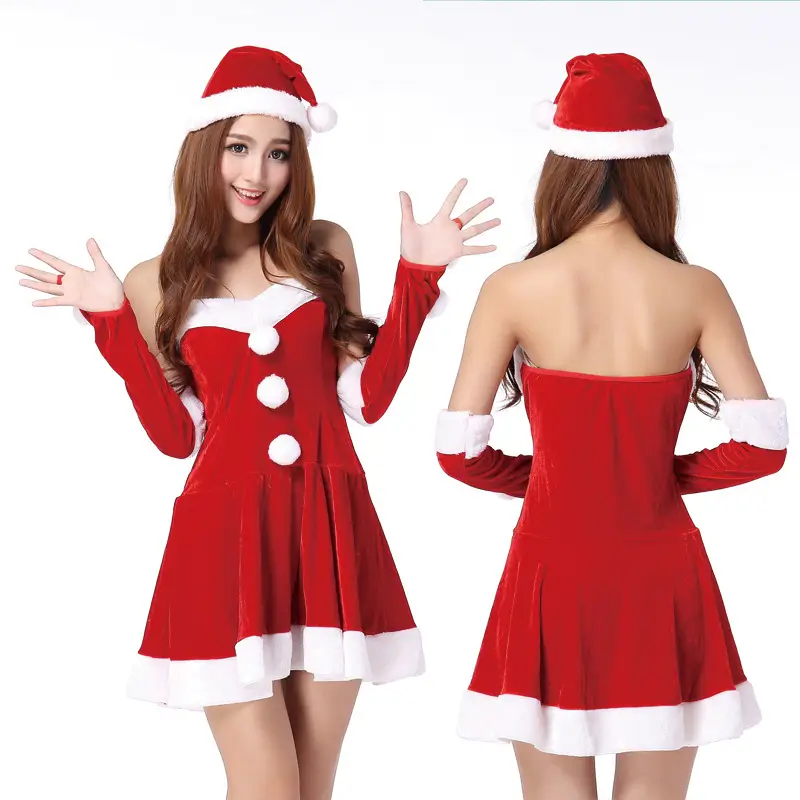 Christmas Santa Dress Red White Skirt & Gloves - Image 2