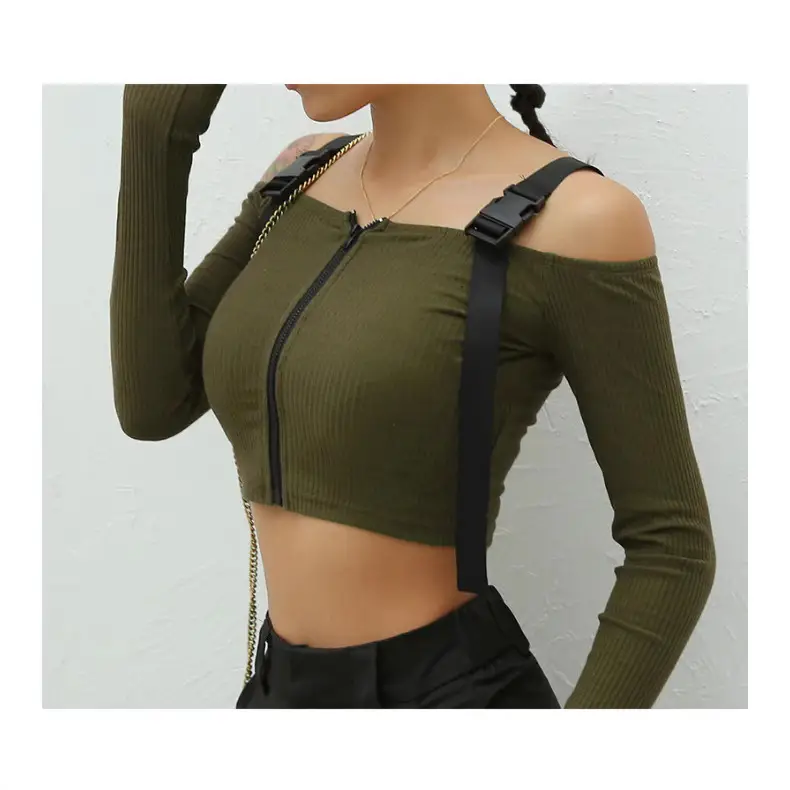 Women's Olive Green Cold Shoulder Long Sleeve T-Shirt - Image 5