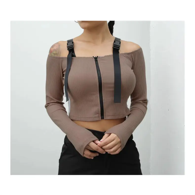 Women's Olive Green Cold Shoulder Long Sleeve T-Shirt - Image 7