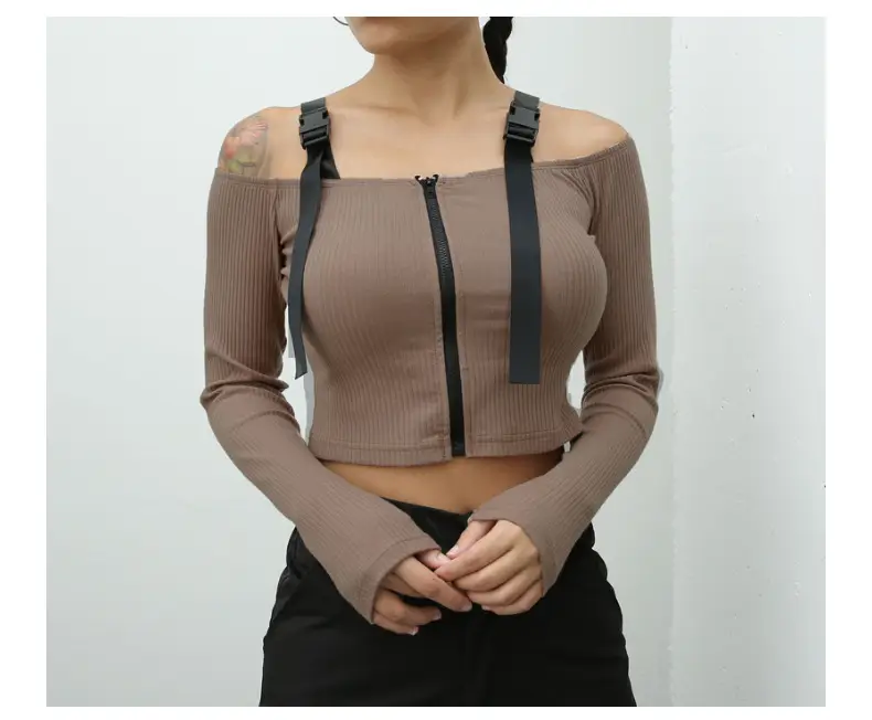 Women's Olive Green Cold Shoulder Long Sleeve T-Shirt — feature 45