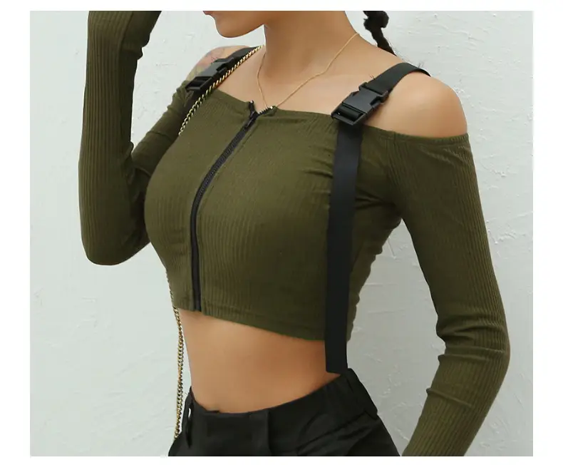 Women's Olive Green Cold Shoulder Long Sleeve T-Shirt — feature 46
