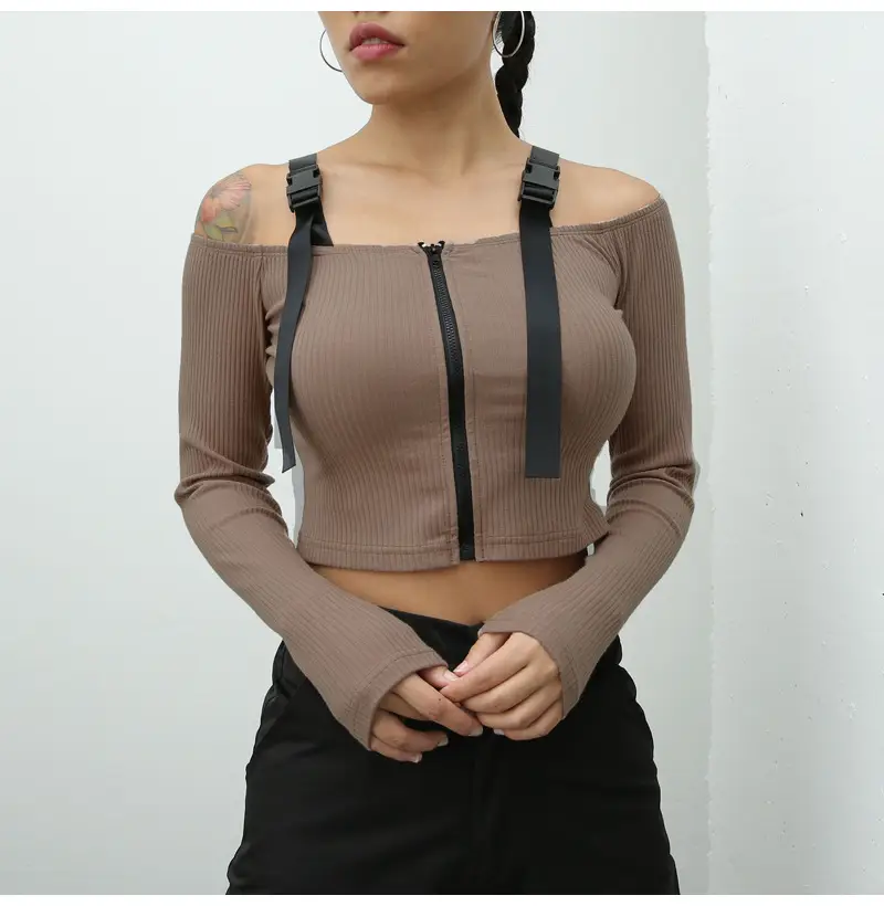 Women's Olive Green Cold Shoulder Long Sleeve T-Shirt - Image 2