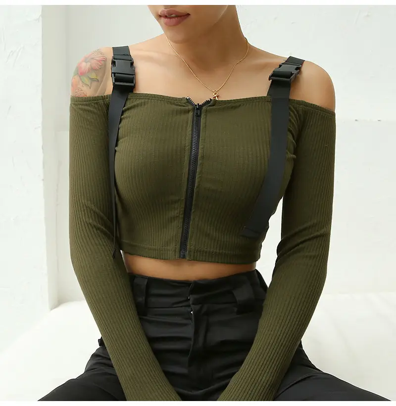 Women's Olive Green Cold Shoulder Long Sleeve T-Shirt - Image 3