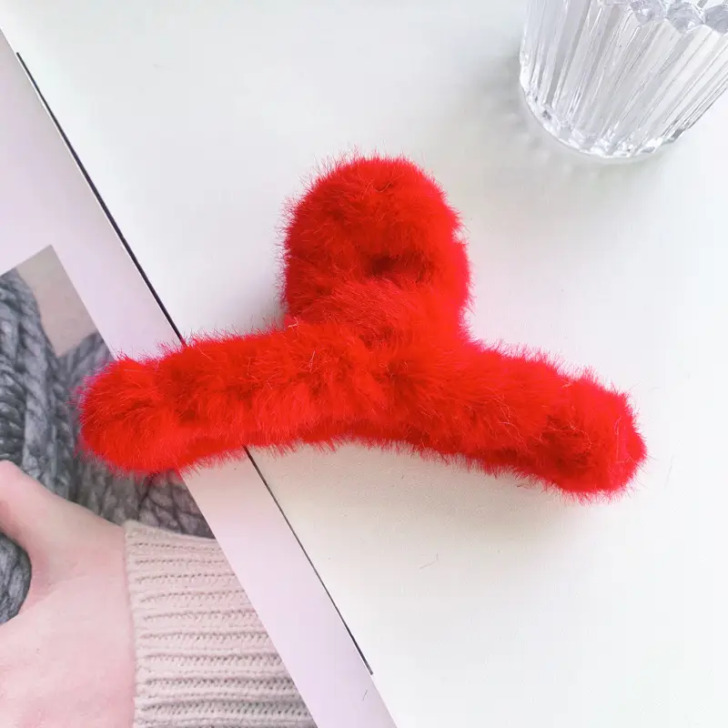 Red Plush Hair Clip for Women Korean Style Large Winter Hair Ball - Image 14