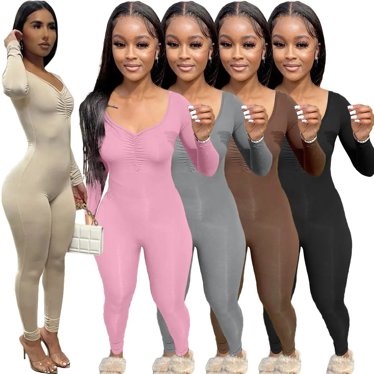 Pink V-Neck Pleated Long Sleeve One-Piece Pants Set - Image 6