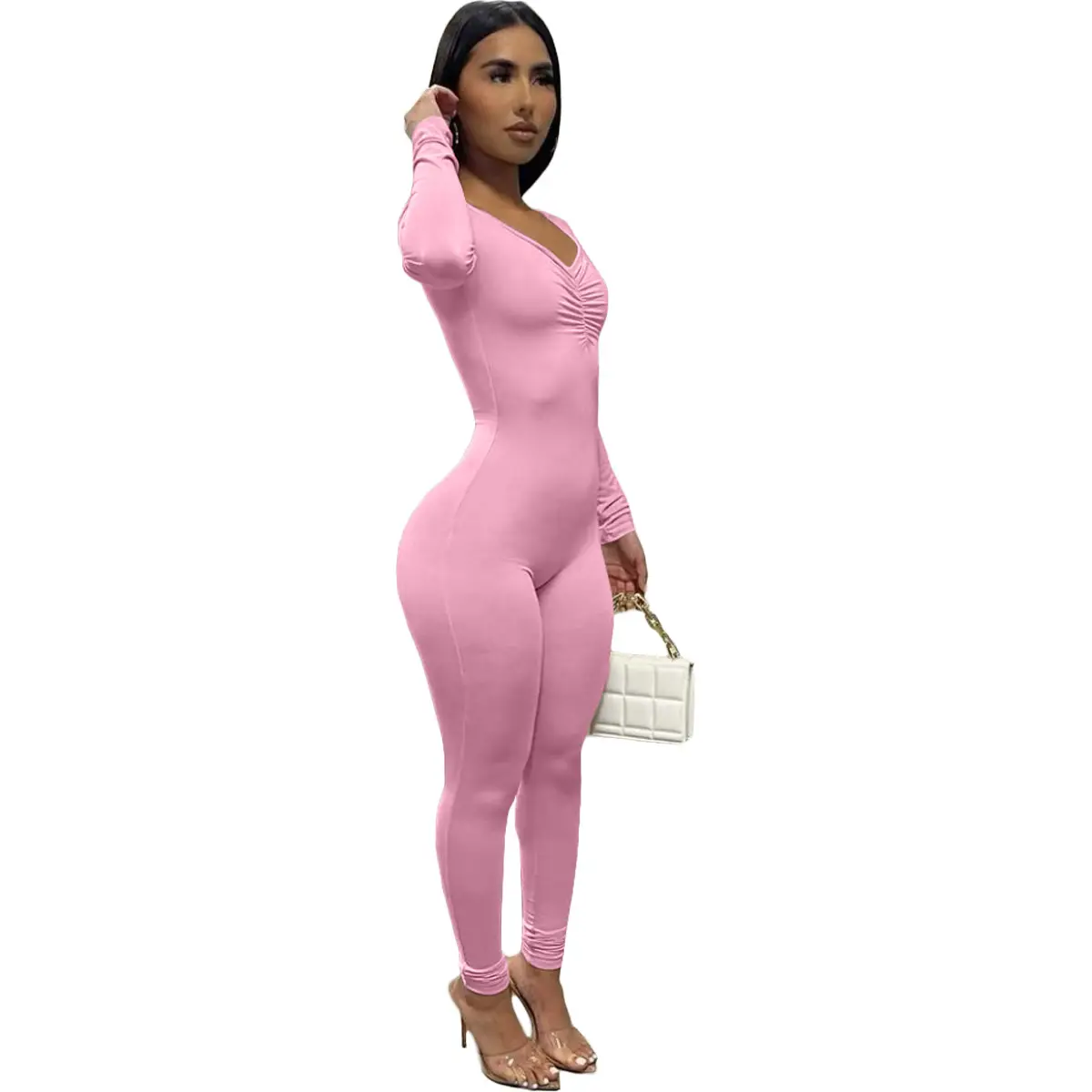 Pink V-Neck Pleated Long Sleeve One-Piece Pants Set - Image 8
