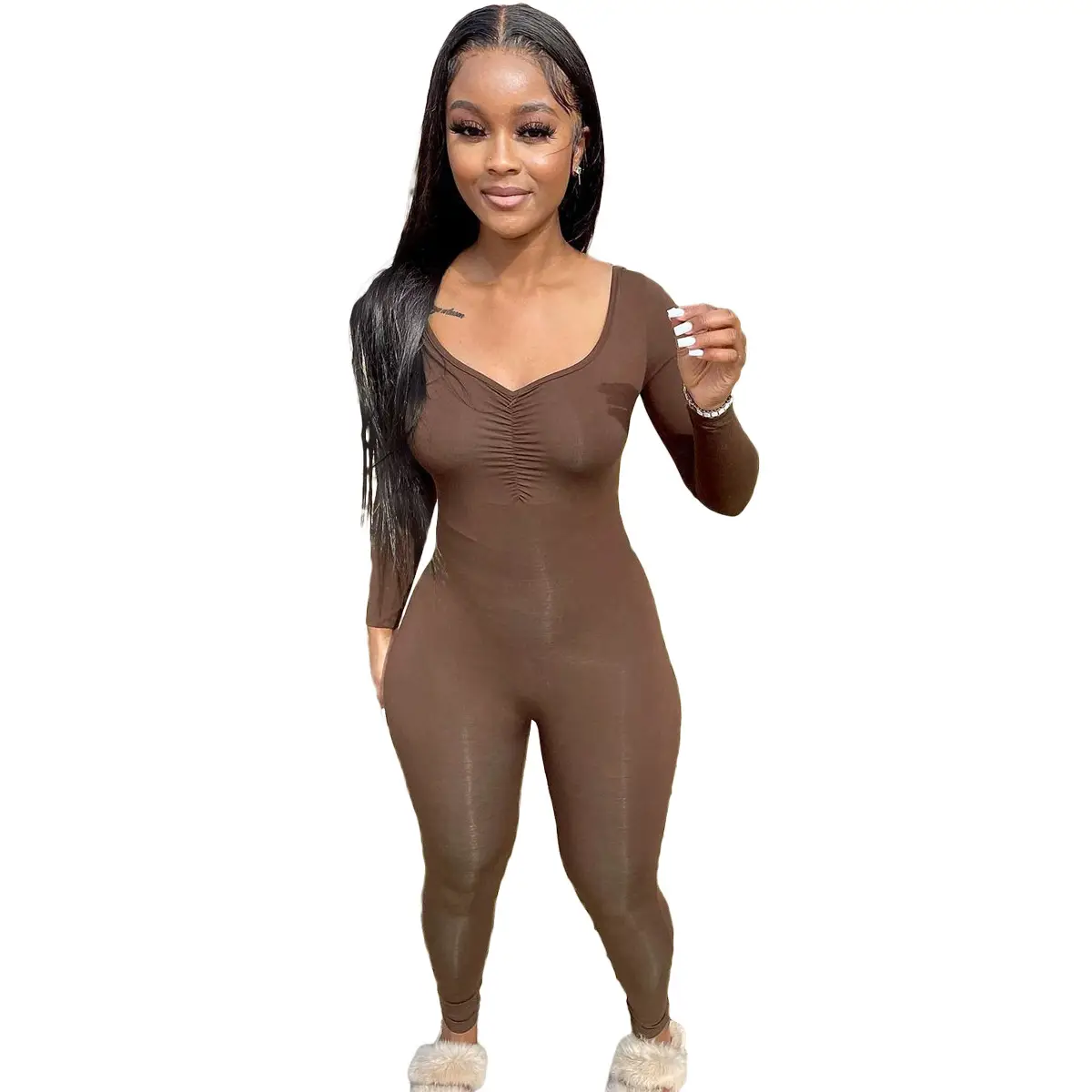 Pink V-Neck Pleated Long Sleeve One-Piece Pants Set - Image 10