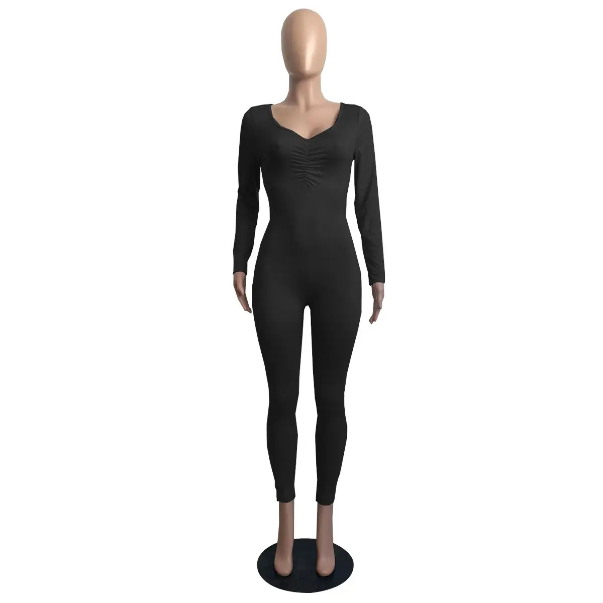 Pink V-Neck Pleated Long Sleeve One-Piece Pants Set - Image 2
