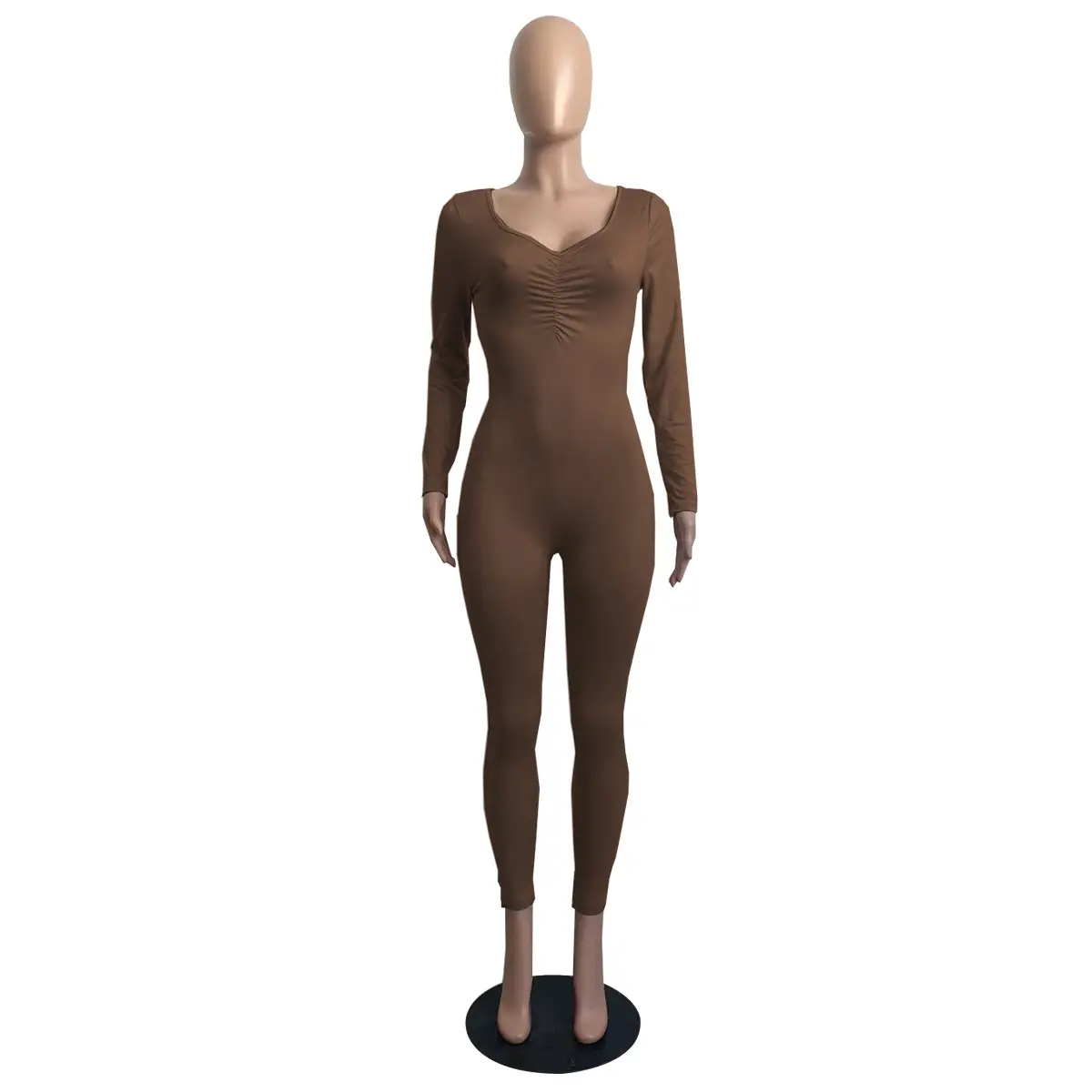 Pink V-Neck Pleated Long Sleeve One-Piece Pants Set - Image 3