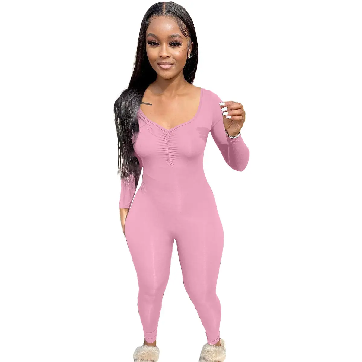 Pink V-Neck Pleated Long Sleeve One-Piece Pants Set - Image 4