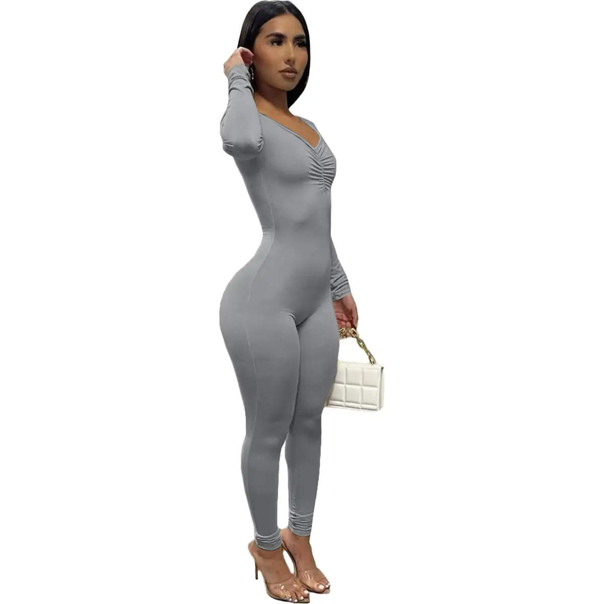 Pink V-Neck Pleated Long Sleeve One-Piece Pants Set - Image 5