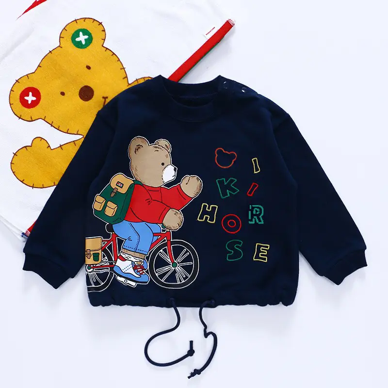 Kids Cartoon Bear Bicycle Sweatshirt Navy Blue Long Sleeve - Image 2