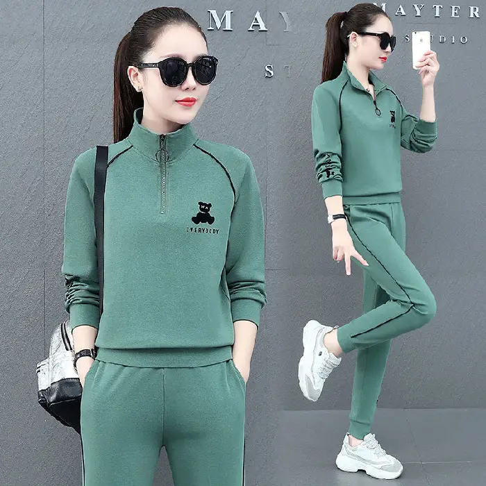 Women Cross-Border Sweatshirt Harem Pants Set Green Large - Image 2