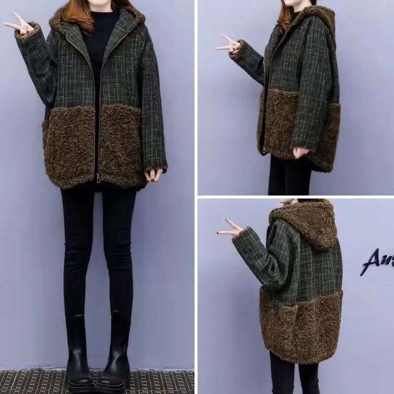 Lamb Wool Patchwork Hooded Coat for Women 2025 Winter - Image 4