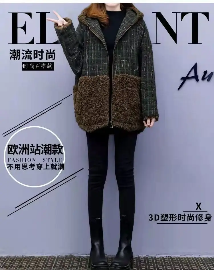 Lamb Wool Patchwork Hooded Coat for Women 2025 Winter — feature 1