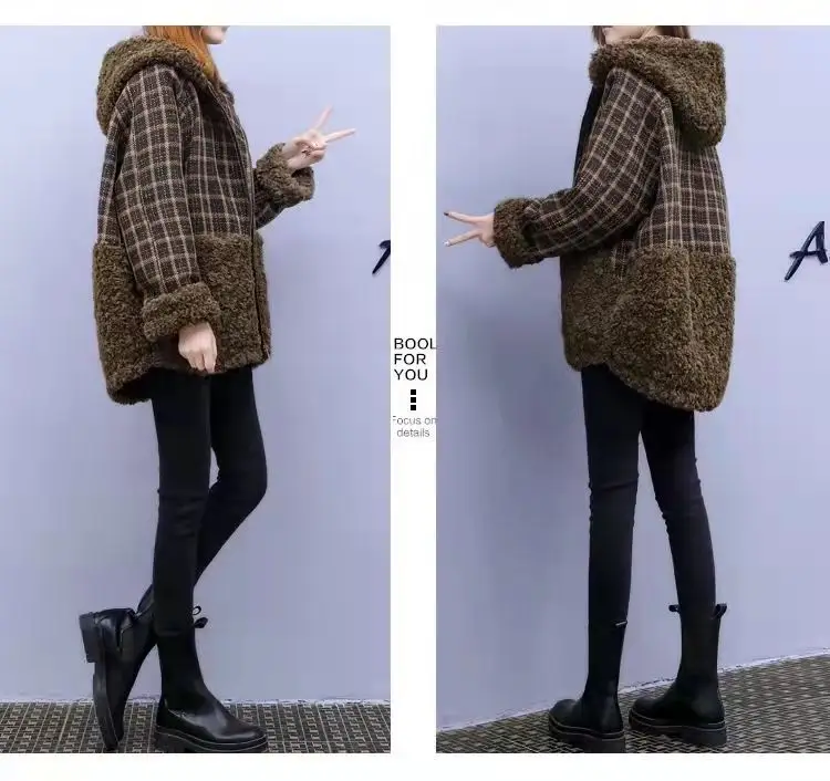 Lamb Wool Patchwork Hooded Coat for Women 2025 Winter — feature 10