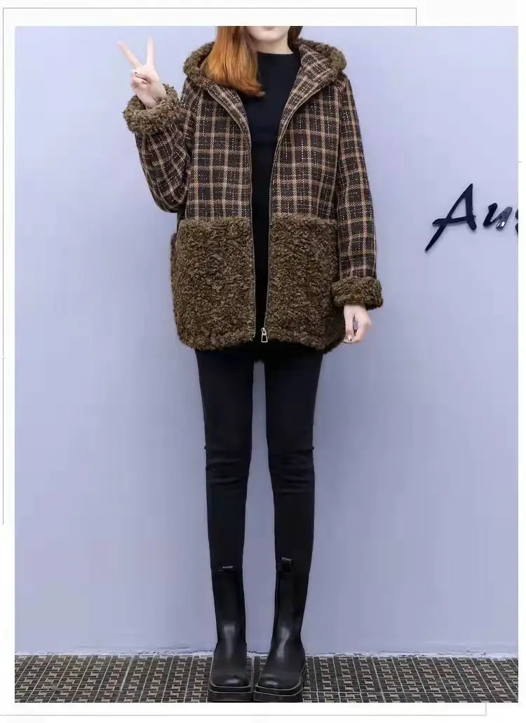 Lamb Wool Patchwork Hooded Coat for Women 2025 Winter - Image 2