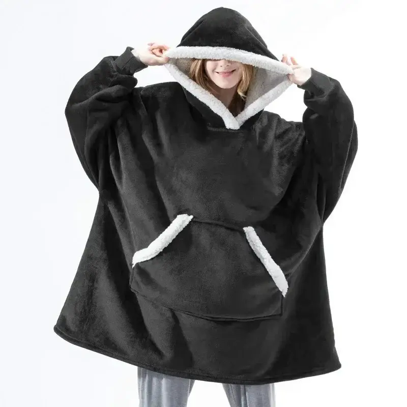 Black Hooded Fleece Lazy Pajamas for Men Women Winter Warm - Image 4