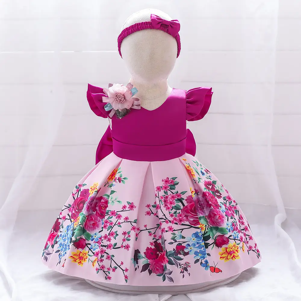 Girls Floral Bow Dress Baby One Year Old Pink - Image 6