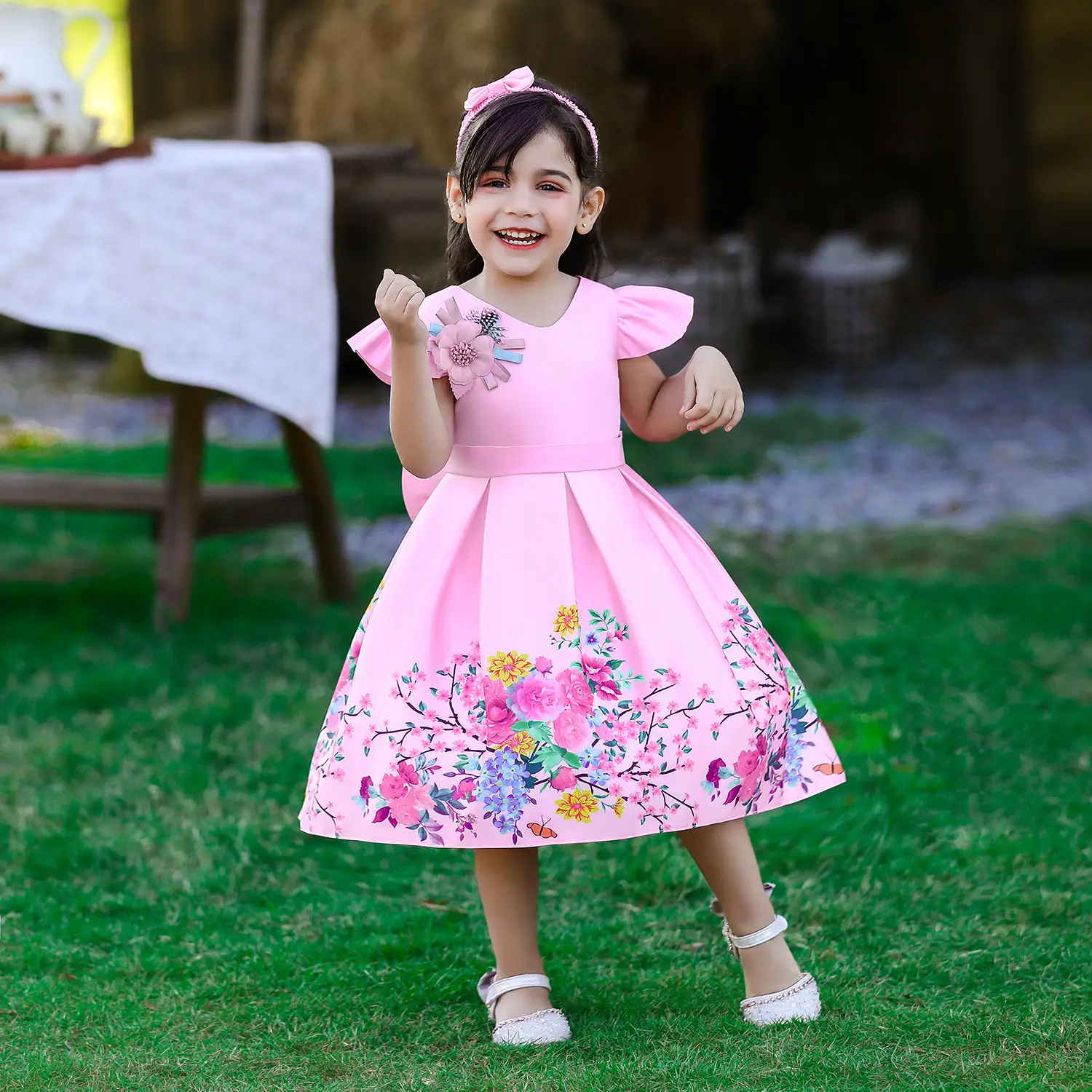 Girls Floral Bow Dress Baby One Year Old Pink - Image 7
