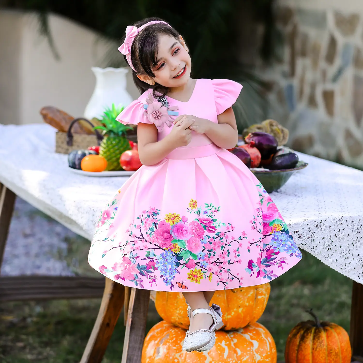 Girls Floral Bow Dress Baby One Year Old Pink - Image 3