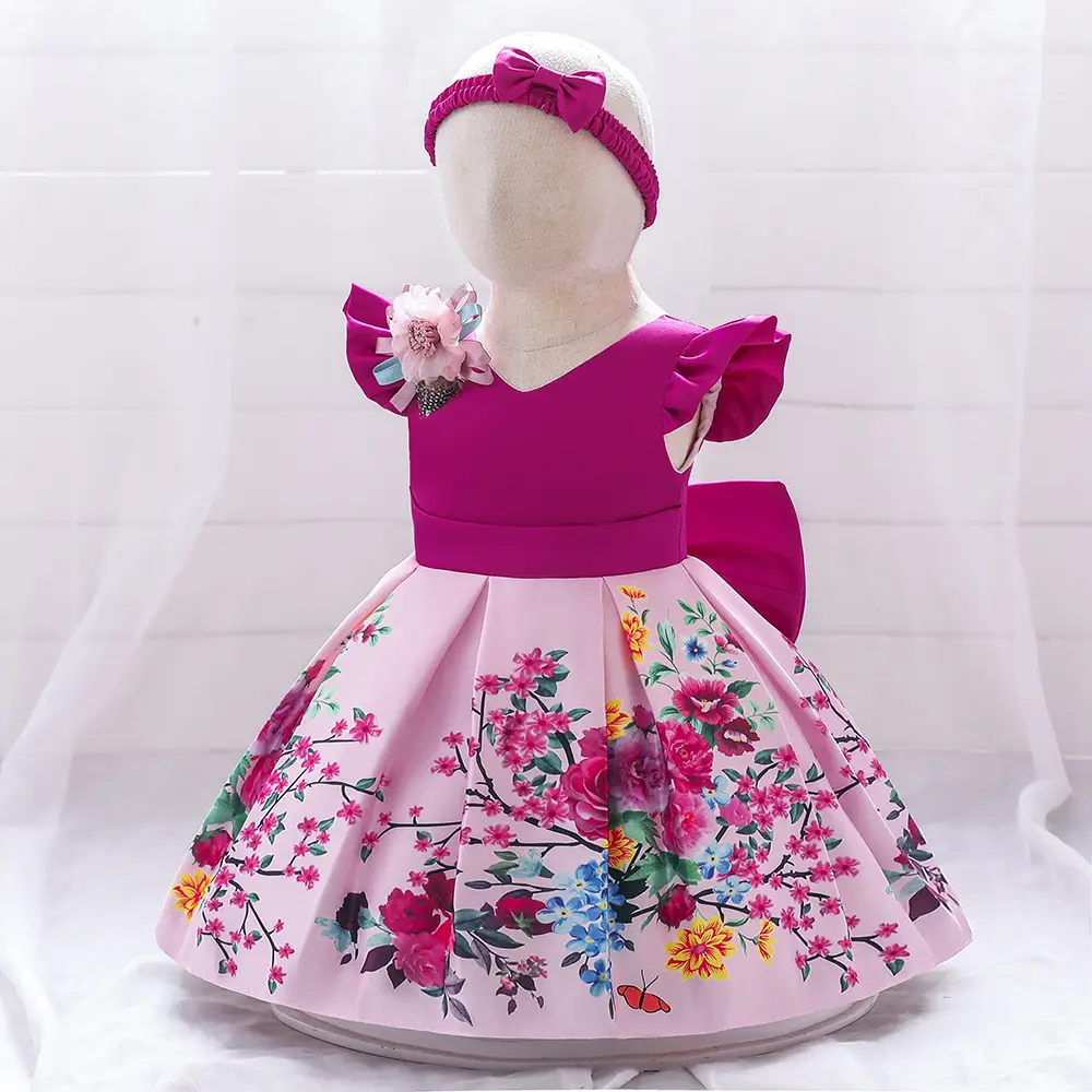 Girls Floral Bow Dress Baby One Year Old Pink - Image 4