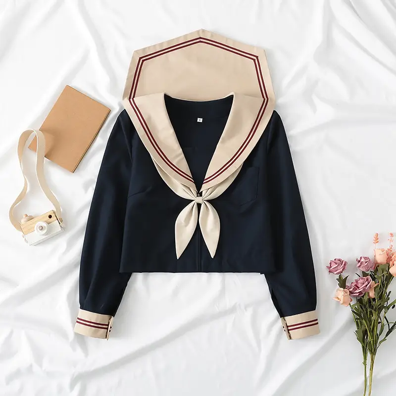 Navy Blue Japanese Sailor Suit Skirt Long Sleeve - Image 2