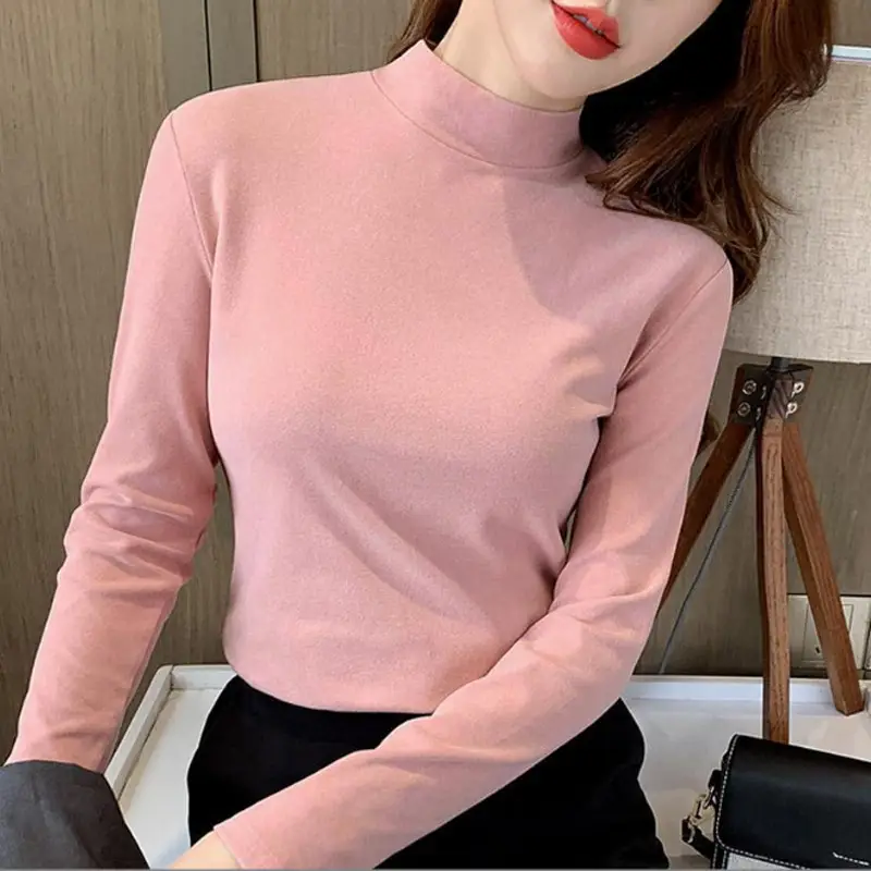 Women Velvet Semi-High Collar Top Yellow Long Sleeve - Image 5