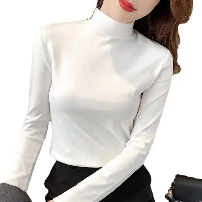Women Velvet Semi-High Collar Top Yellow Long Sleeve - Image 10