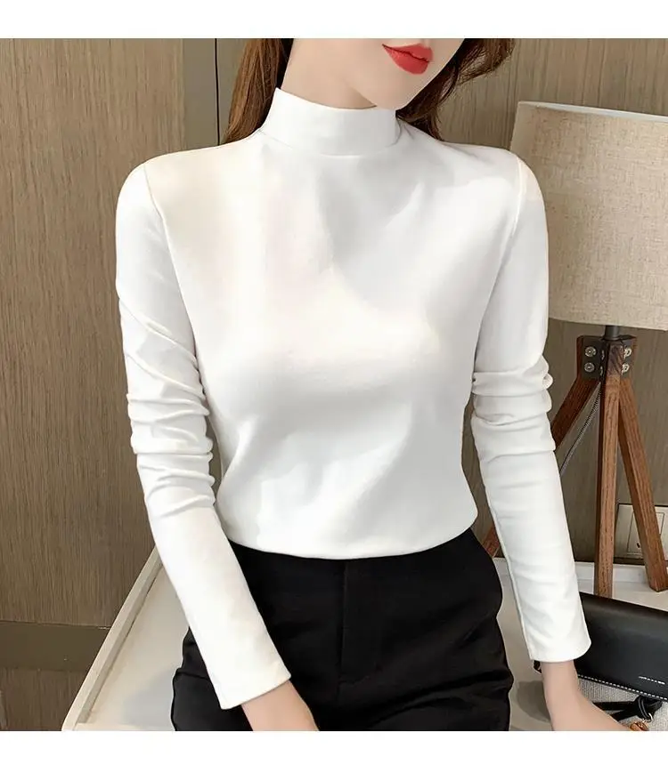 Women Velvet Semi-High Collar Top Yellow Long Sleeve — feature 10