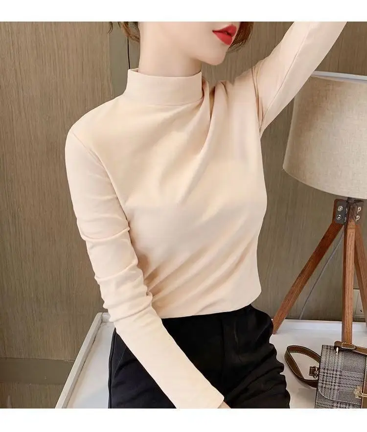 Women Velvet Semi-High Collar Top Yellow Long Sleeve — feature 14