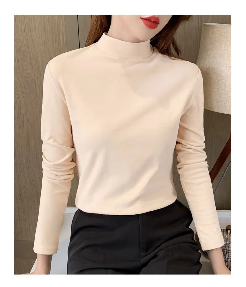 Women Velvet Semi-High Collar Top Yellow Long Sleeve — feature 15