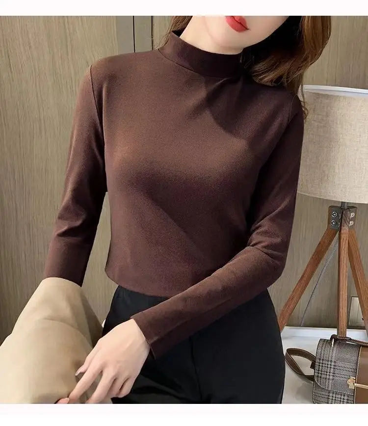 Women Velvet Semi-High Collar Top Yellow Long Sleeve — feature 19