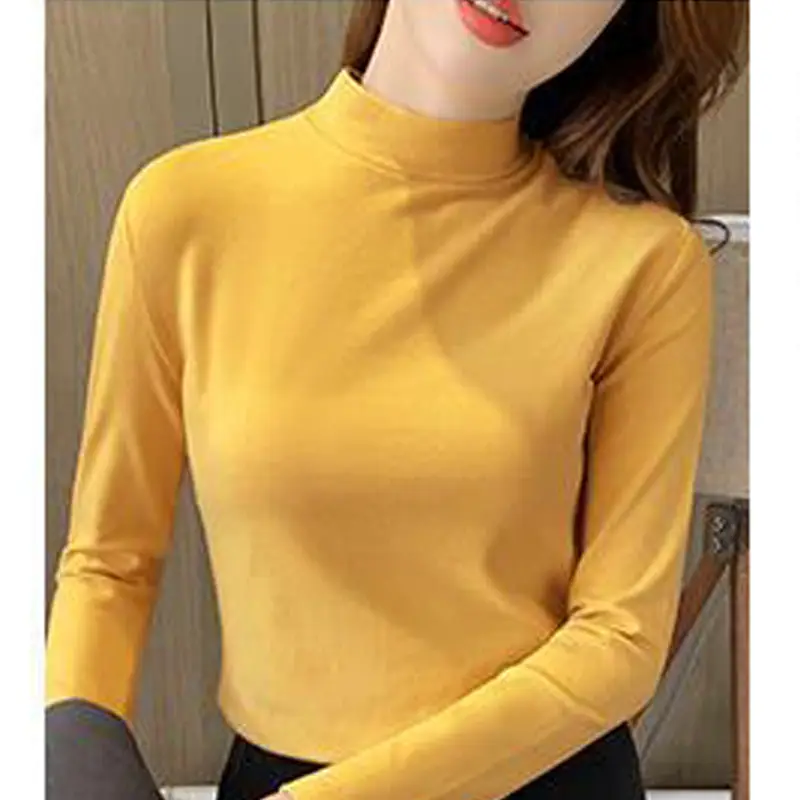 Women Velvet Semi-High Collar Top Yellow Long Sleeve - Image 2