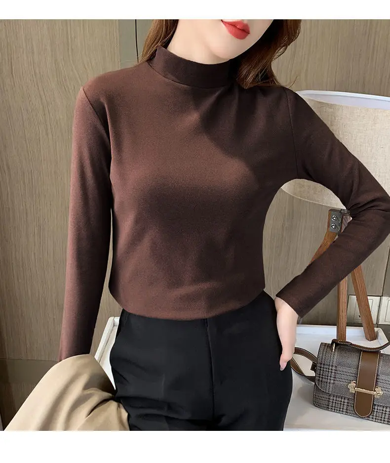 Women Velvet Semi-High Collar Top Yellow Long Sleeve - Image 4