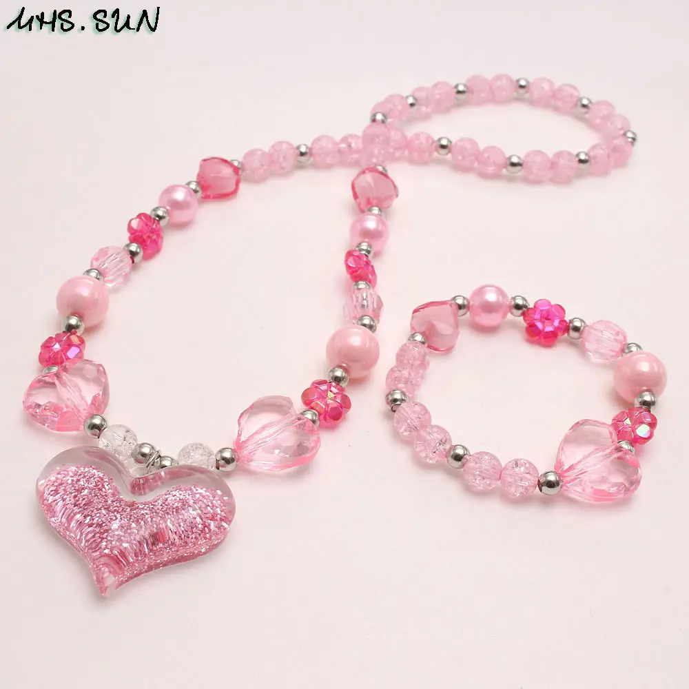 New Pink Love Pendant Children's Necklace Set Acrylic Beads - Image 4