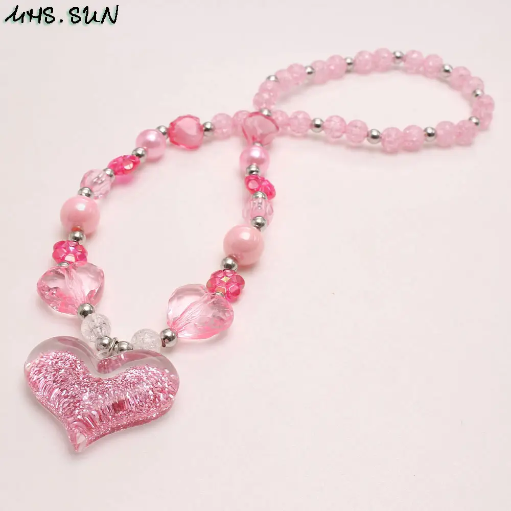 New Pink Love Pendant Children's Necklace Set Acrylic Beads - Image 2